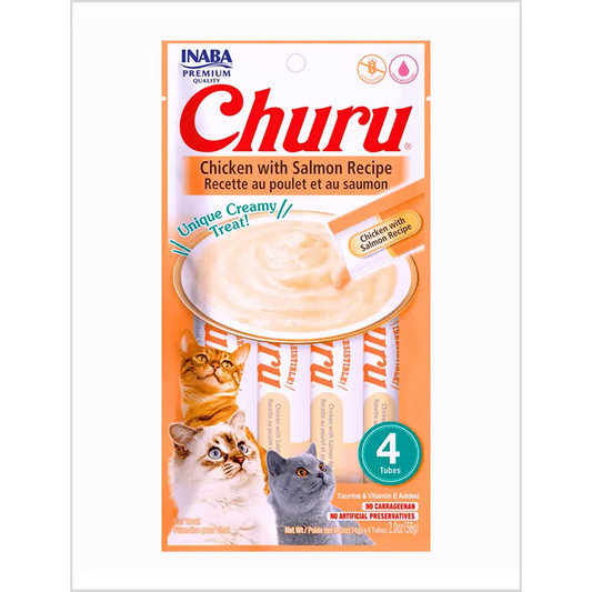Tubo de Churu para gatos sabor pollo y salmón de la marca Mundotito, con textura cremosa y apto para mascotas.