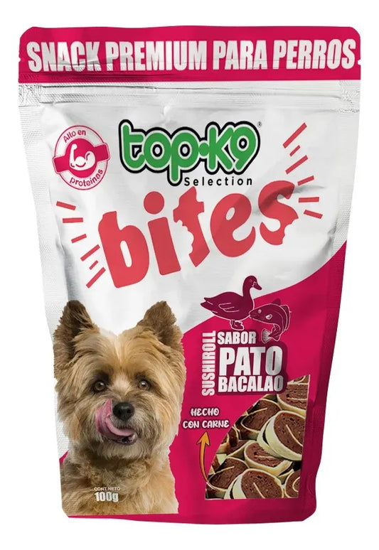 Bocados de comida para perros K9 Sushiroll Pato y Bacalao de 100GR de Mundotito, con ingredientes naturales en la imagen