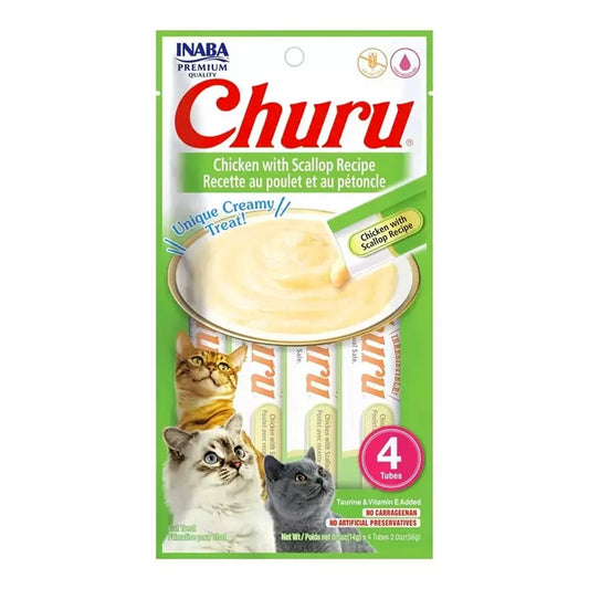 Barras de Churu para gatos sabor pollo y ostión de la marca Mundotito, con textura cremosa y aptas para mascotas.