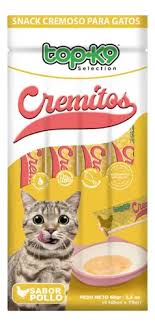 Cremitos para gato sabor pollo de Mundotito, envase de 15g, con crema suave y deliciosa para mascotas felinas.
