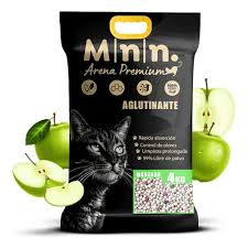 Arena para gatos Minino de Mundotito en bolsa de 4 kg con aroma a manzana, muestra la bolsa y el producto listo para usar