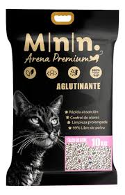 Arena para gatos Minino de Mundotito, bolsa de 4 kg con aroma a talco bebé, en caja de 20 kg, fácil de transportar y usar.