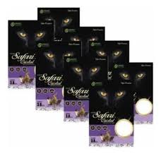 Arena para gatos Safari Cristales de Mundotito en caja con 8 bolsas, muestra cristales blancos y textura fina en la imagen.