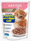 Trocitos jugosos para gatos Master Cat de Mundotito en envase de 85g, con pequeños trozos de carne para gatos.