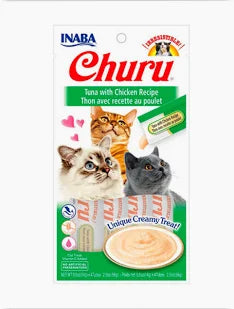 Sabrosos churu para gatos con sabor a atún y pollo de la marca Mundotito, presentados en un envase individual.