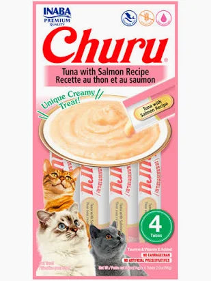 Tira de comida húmeda para gatos Churu de atún y salmón de la marca Mundotito, muestra la textura cremosa del producto.