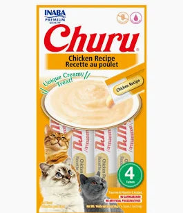 Juguete para gato Churu de pollo de la marca Mundotito, con textura cremosa y sabor apetitoso, en envase individual.