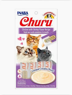 Golosinas Churu para gatos de pollo y camarón de la marca Mundotito, en empaque con sabor y textura cremosa.