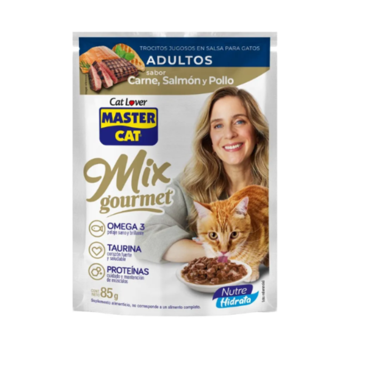 Master Cat Trocitos Jugosos 85g - Mix Carne, Salmón y Pollo Master Cat Trocitos Jugosos 85g - Mix Carne, Salmón y Pollo - Imagen 1